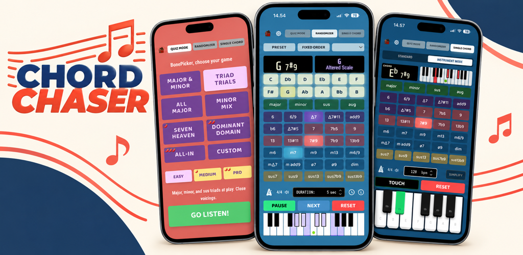 ChordChasers akkordquiz og øvefunktioner