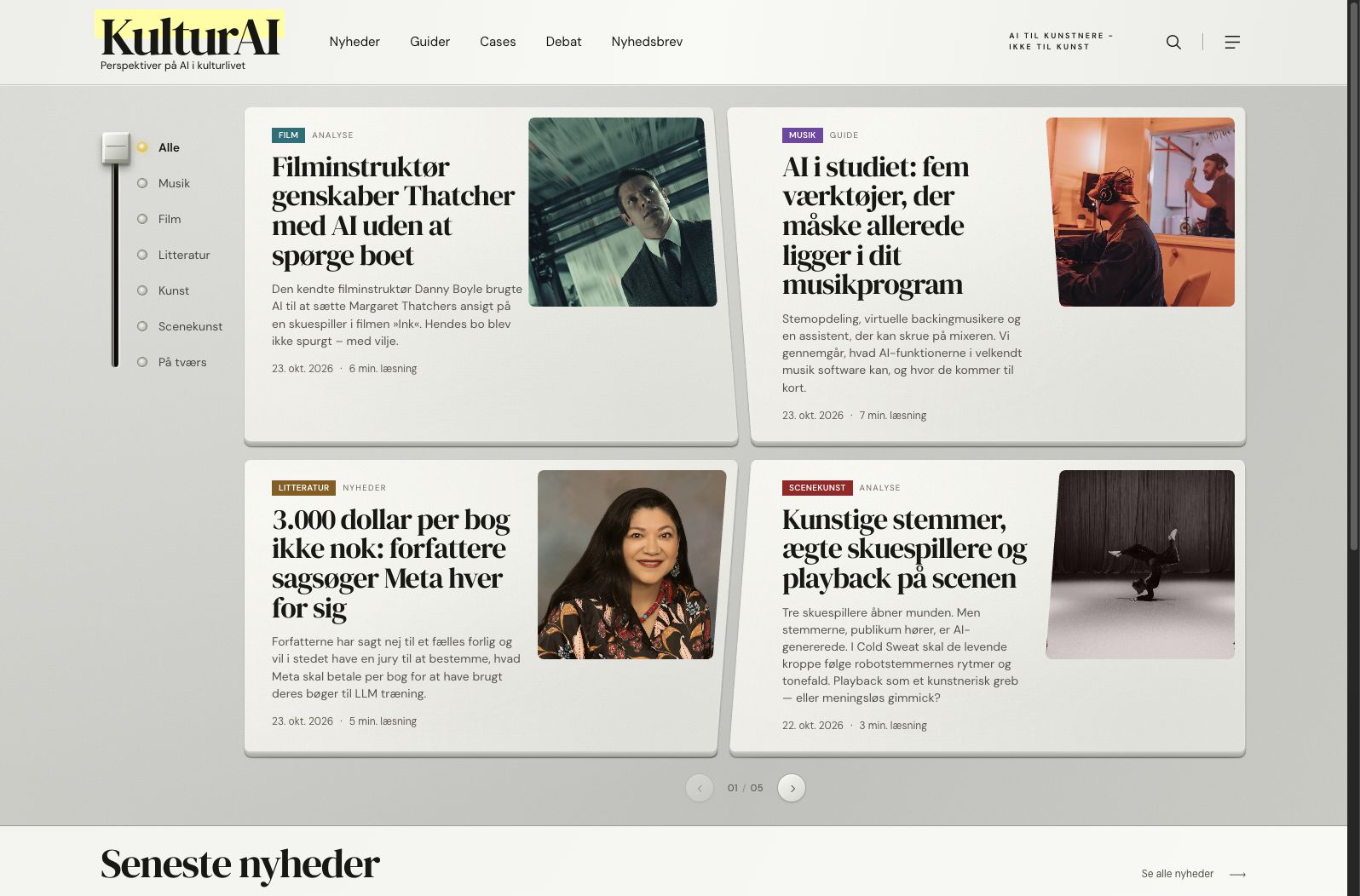 KulturAIs forside med nyheder på tværs af kulturlivet